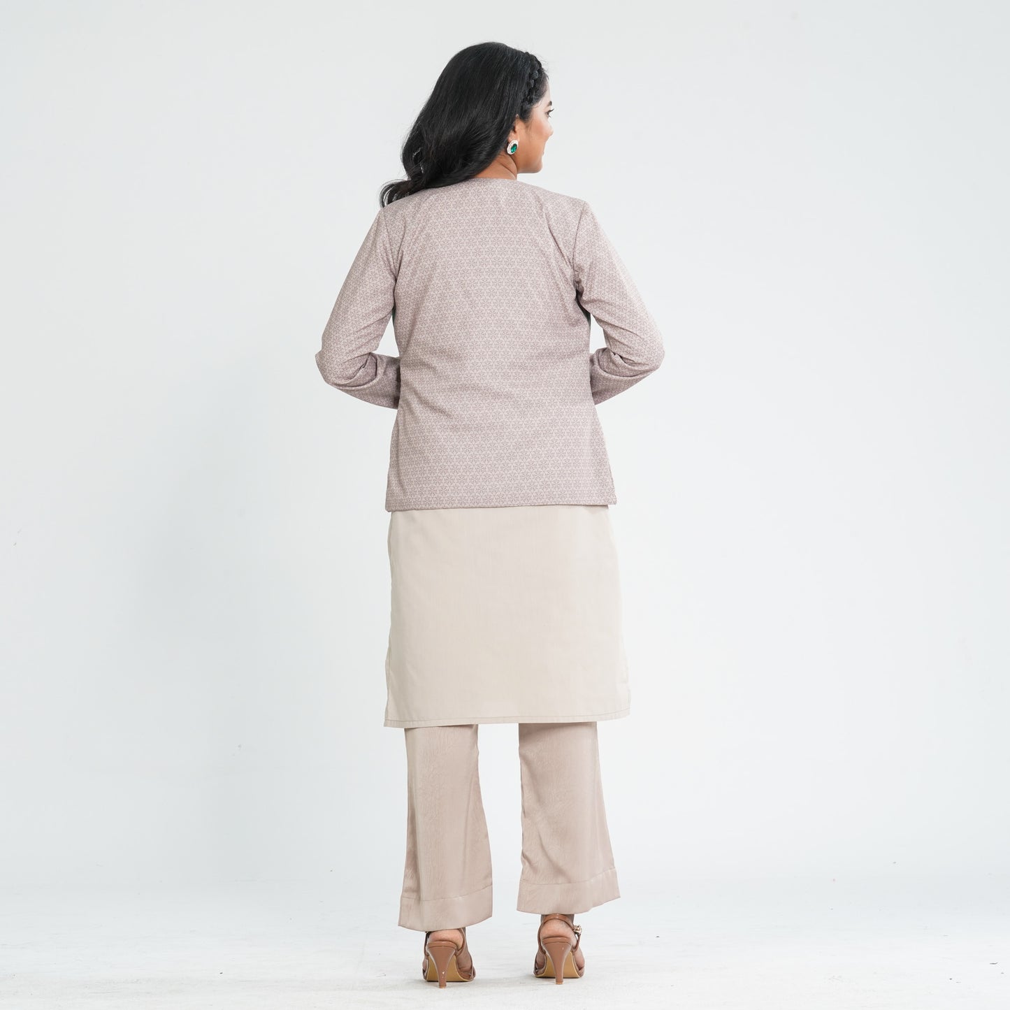 Women’s Beige Three Piece Set with Digital Print Jacket