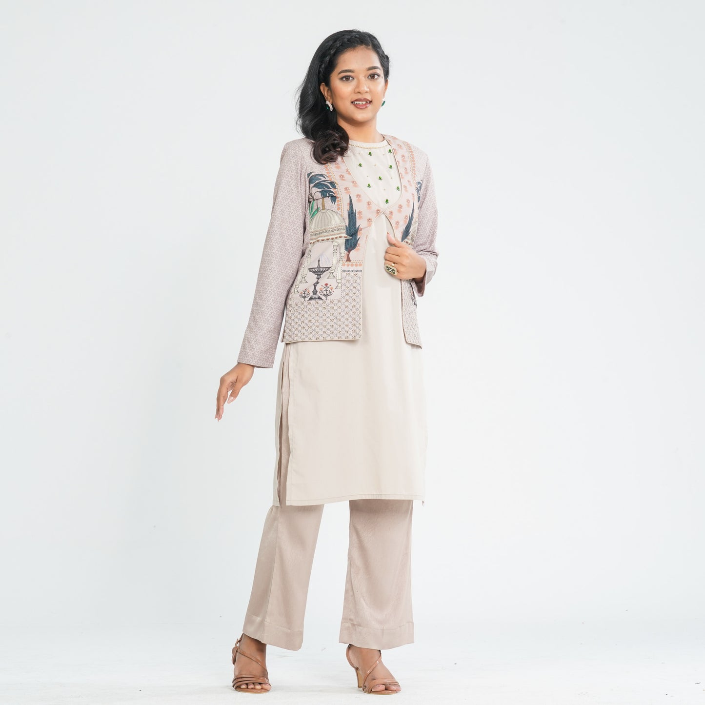 Women’s Beige Three Piece Set with Digital Print Jacket