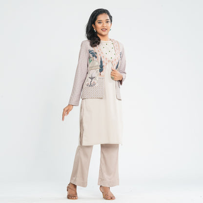 Women’s Beige Three Piece Set with Digital Print Jacket