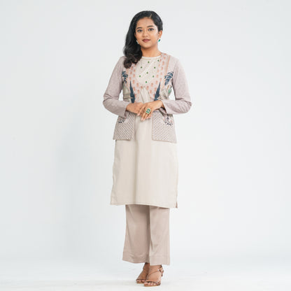 Women’s Beige Three Piece Set with Digital Print Jacket