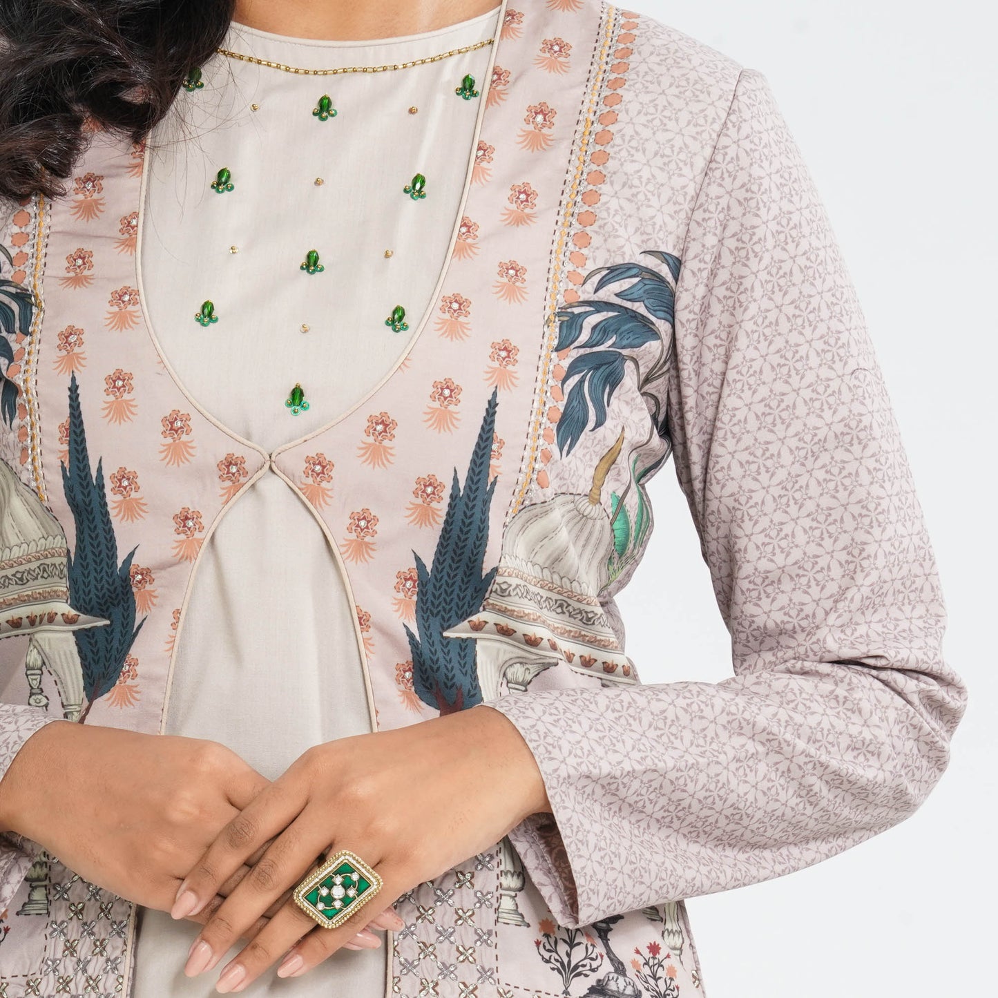 Women’s Beige Three Piece Set with Digital Print Jacket