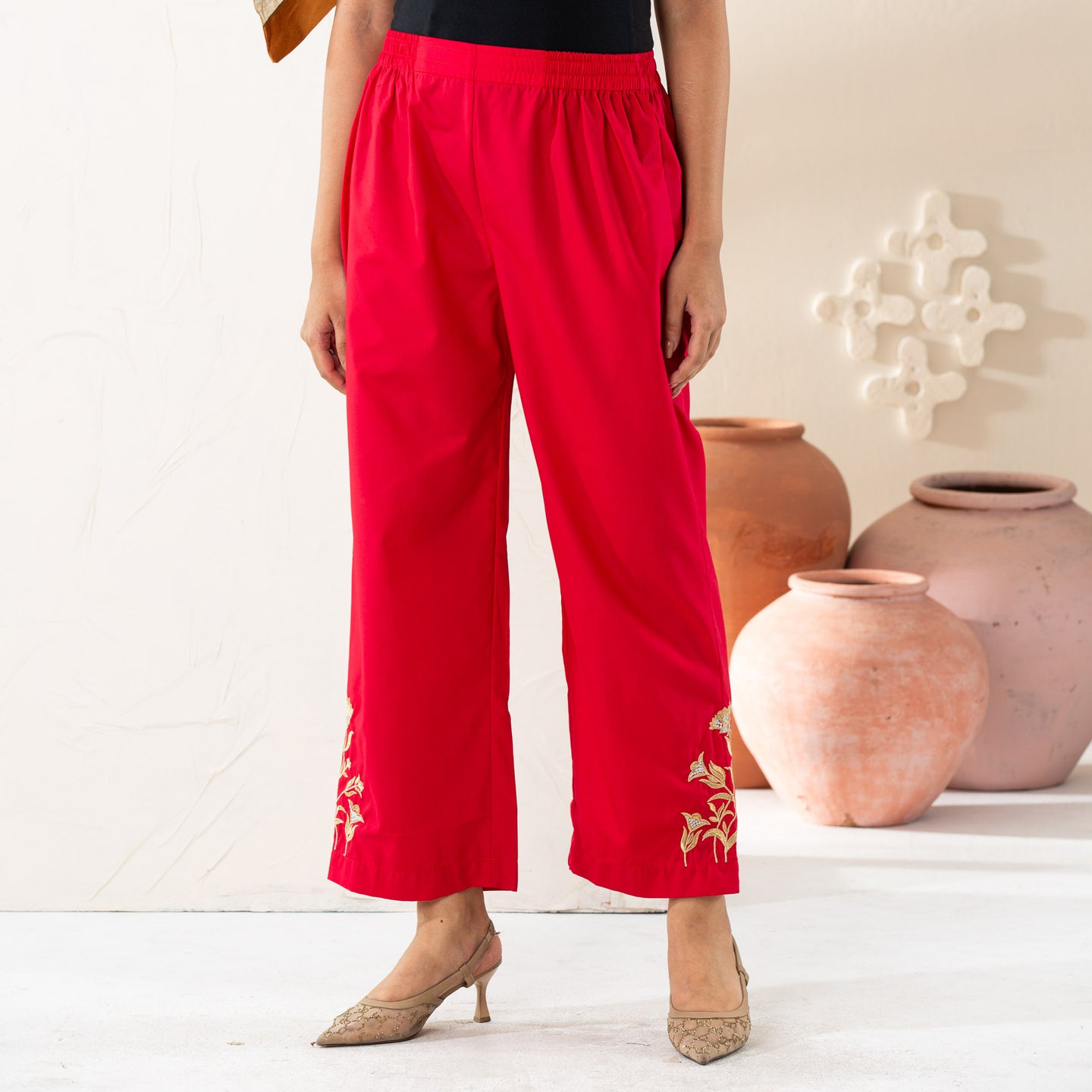 Women  Ethnic Red Embroidered Bottoms