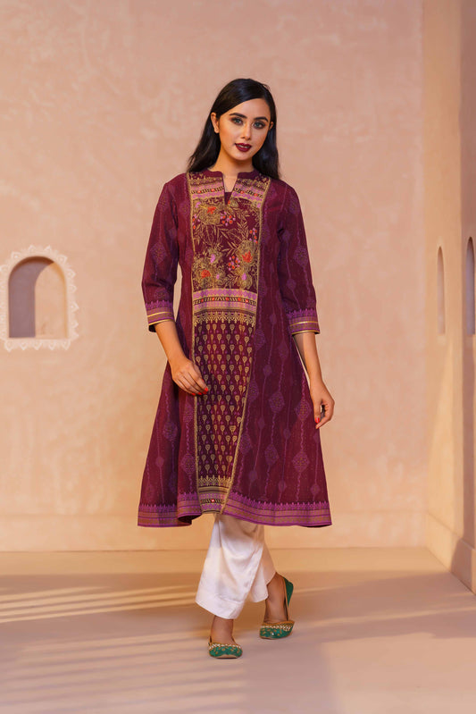 Women Maroon Embroidered Kurti