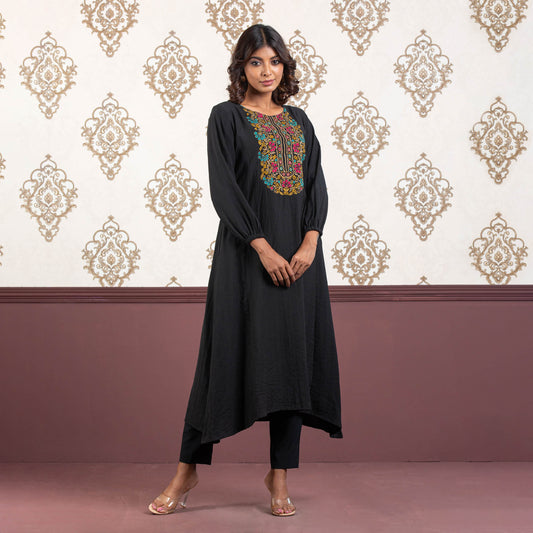 Women Black Embroidered Silk Kurti