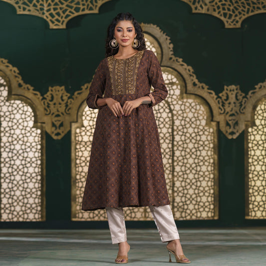 Womens Ethnic High Range Kurti-Brown