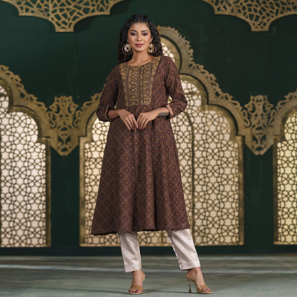 ETHNIC HIGH RANGE KURTI-BROWN