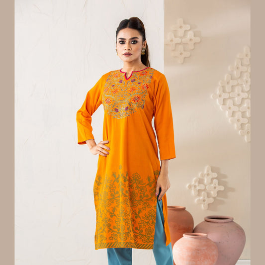 Women Orange Embroidered Kurti