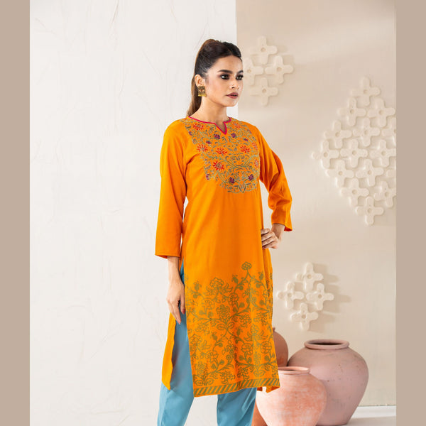 Women Orange Embroidered Kurti