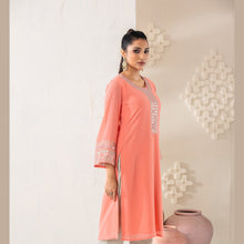 Load image into Gallery viewer, Women Peach Embroidered Kurti
