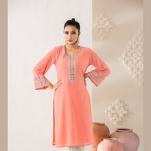 Load image into Gallery viewer, Women Peach Embroidered Kurti
