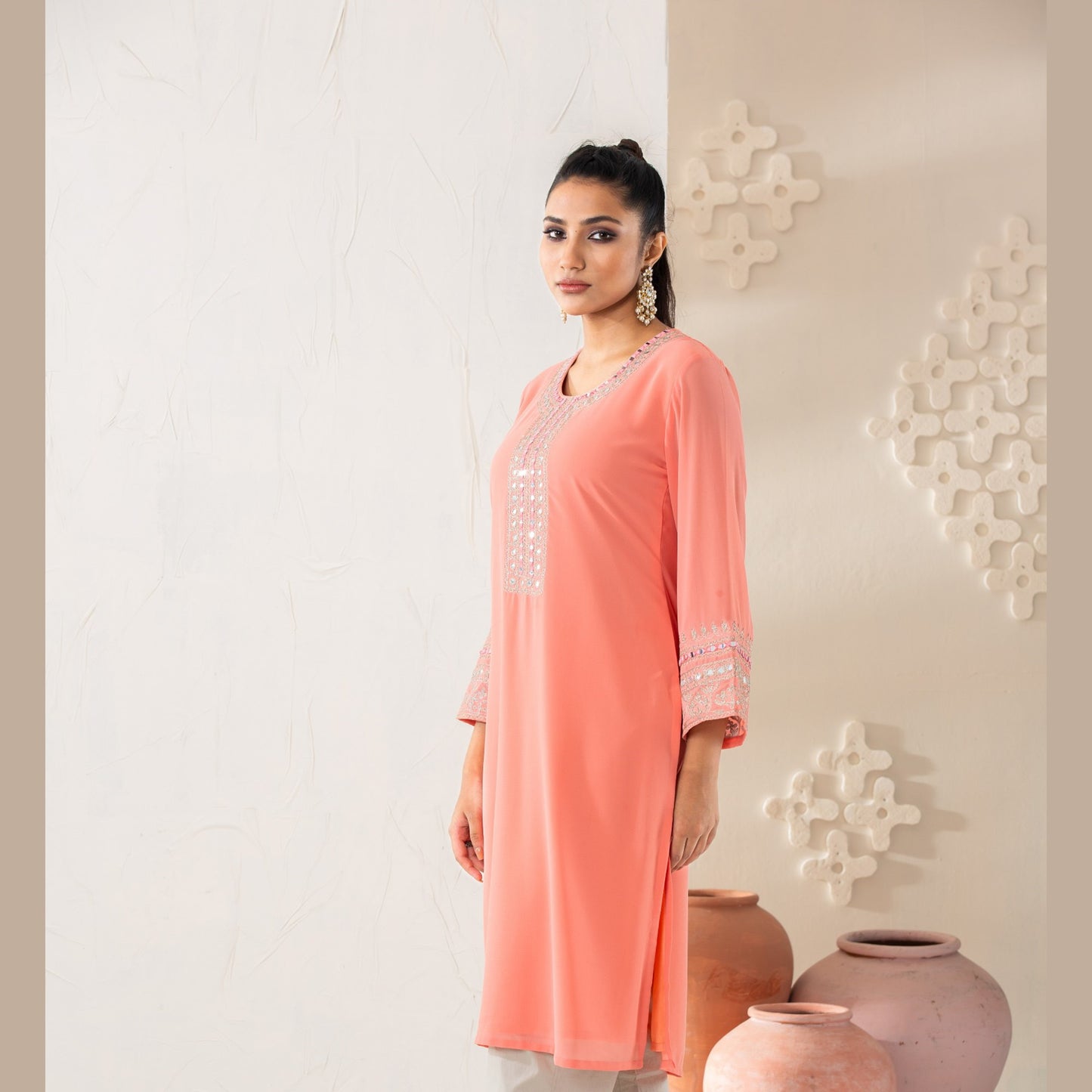 Women Peach Embroidered Kurti