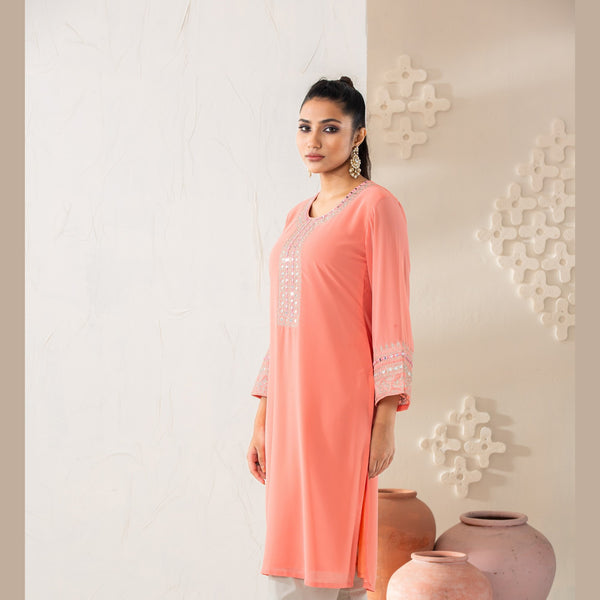 Women Peach Embroidered Kurti