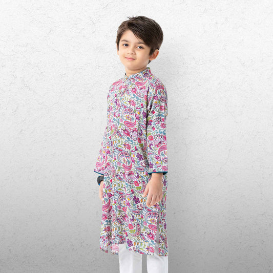 Boys Basic Panjabi-Off White Print