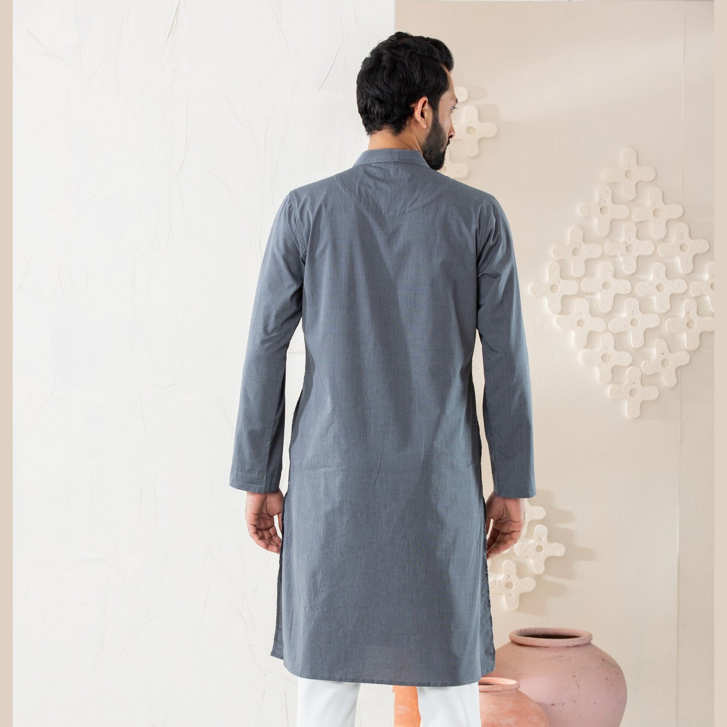 Mens Grey Cotton Panjabi