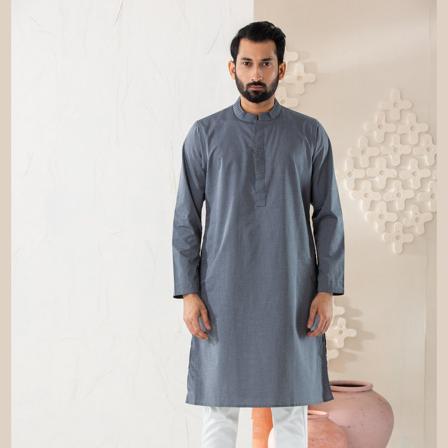 Mens Grey Cotton Panjabi