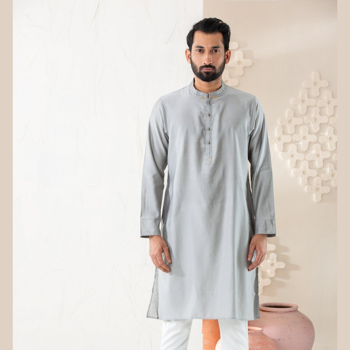 Men's Grey Cotton Panjabi