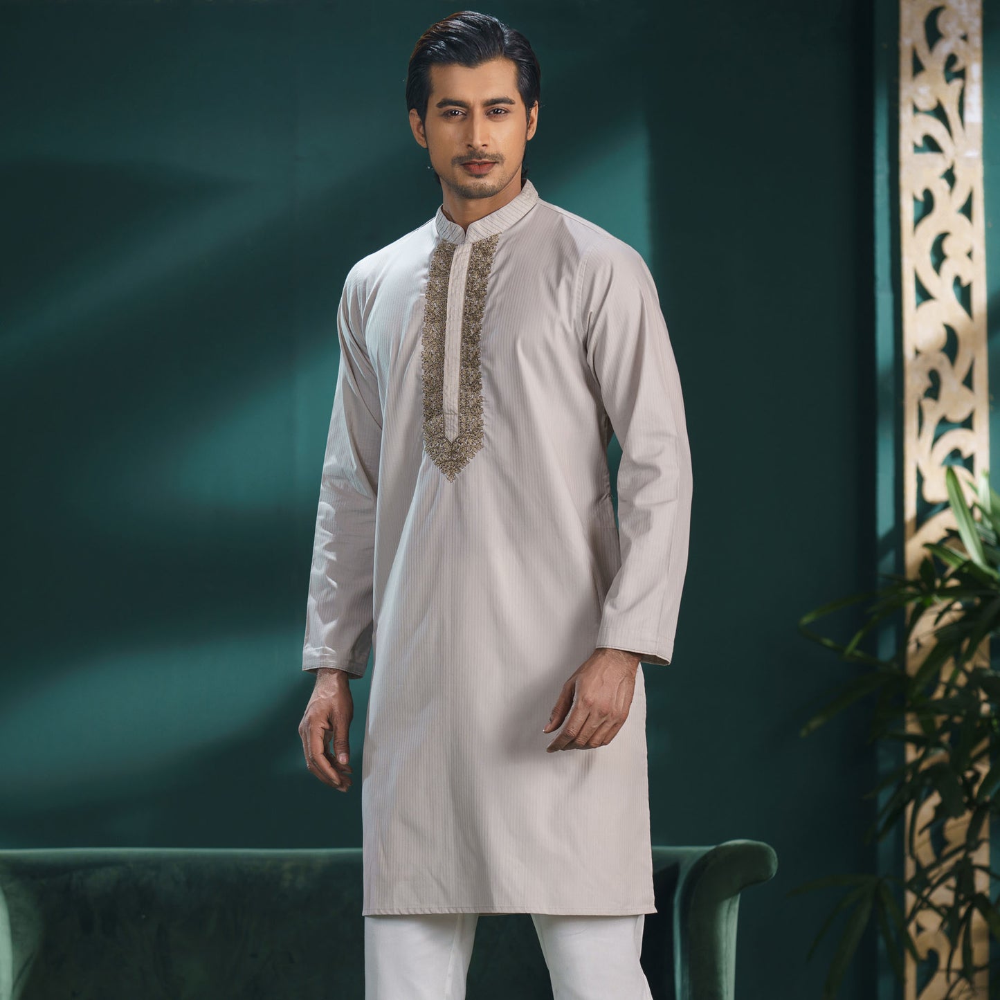 Men's Grey Beige Traditional Panjabi