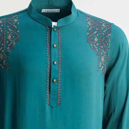 Mens Teal Embroidery Panjabi