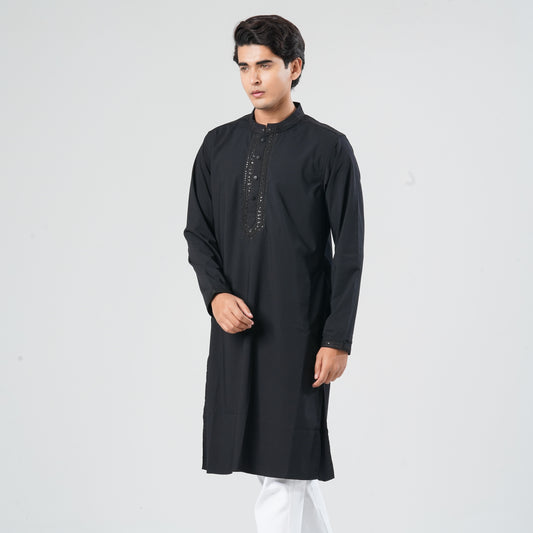 Men Black Blended Silk Panjabi