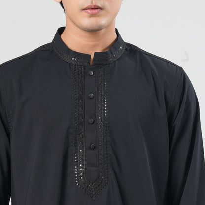 Men Black Blended Silk Panjabi