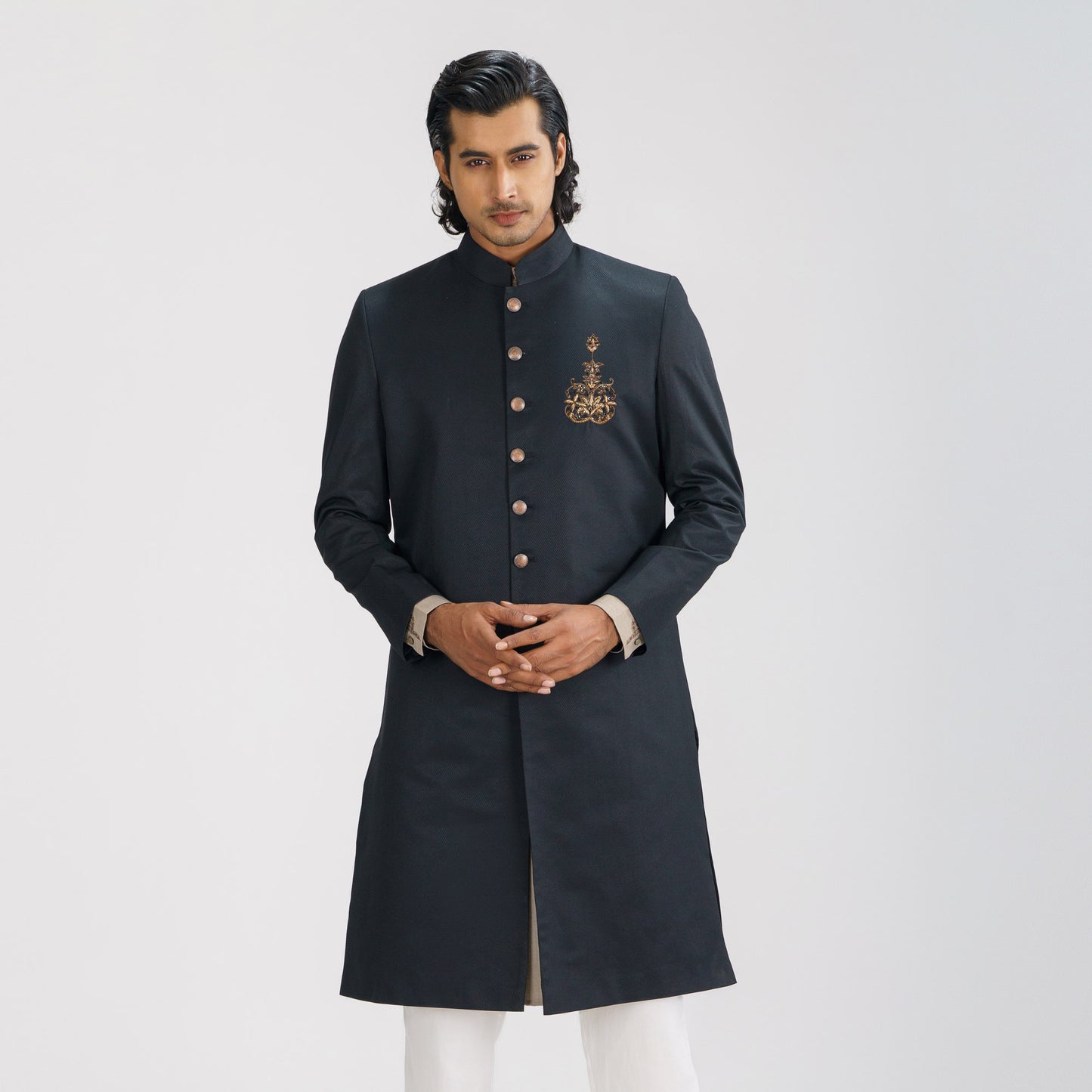 Mens Black Sherwani With Karchupi Work