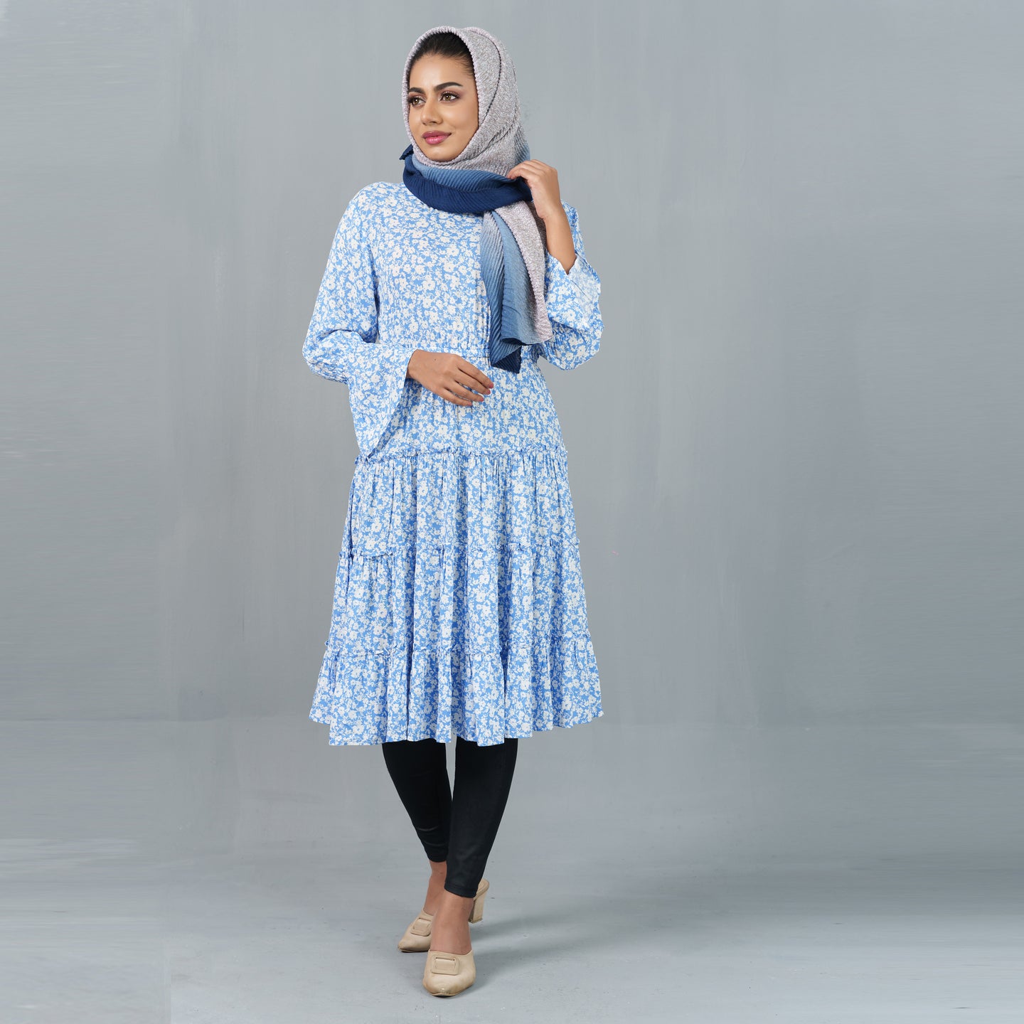 Ladies Dress- Sky Blue/White