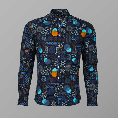 Mens Casual Black & Blue Printed Shirt