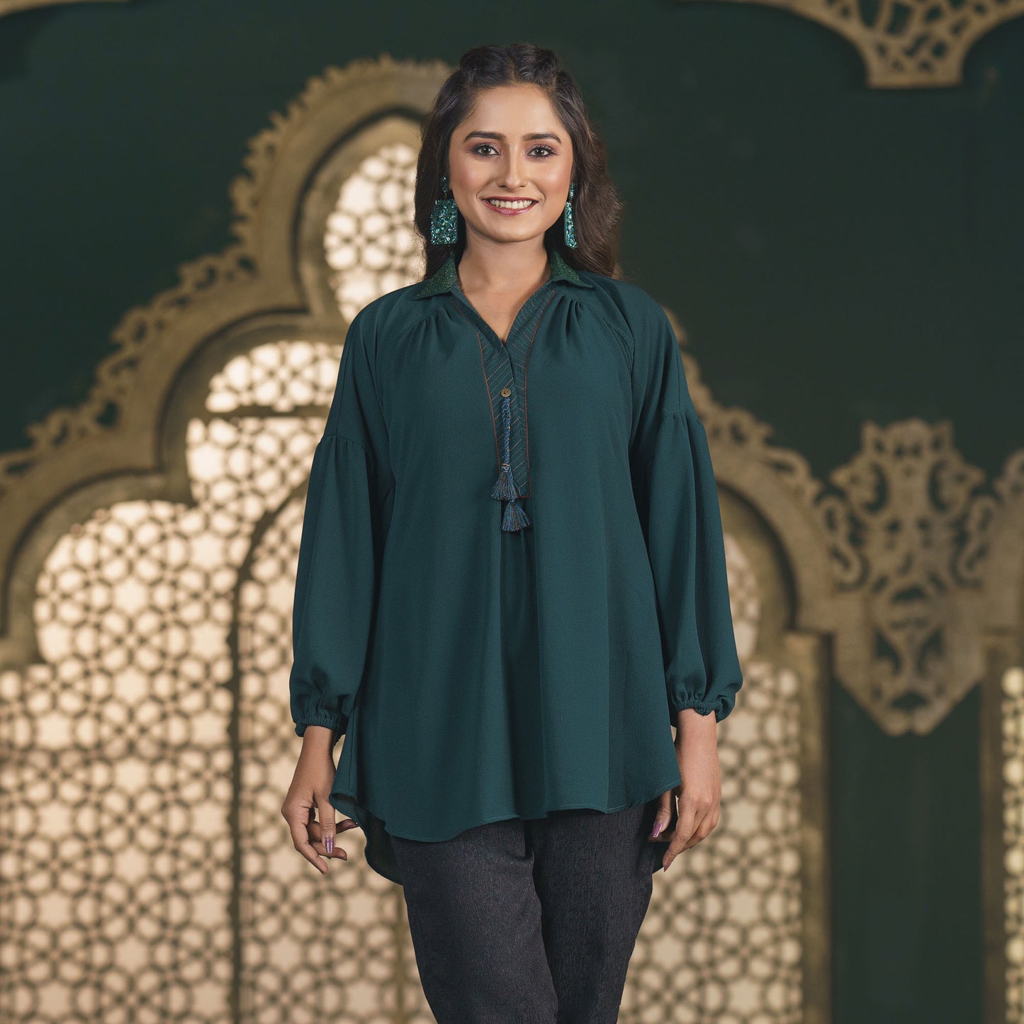 Womens Forest Green Embroidered Top