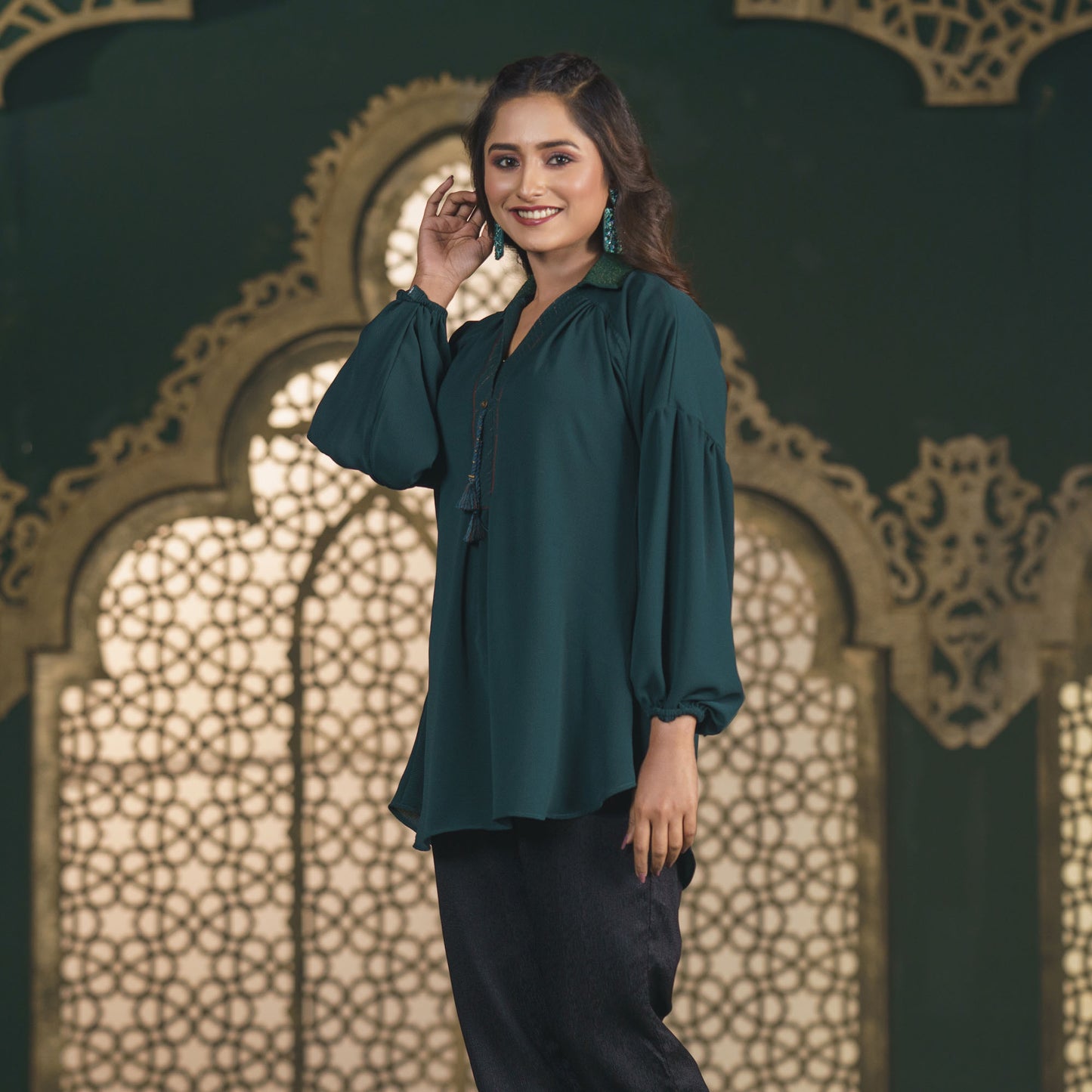 Womens Forest Green Embroidered Top