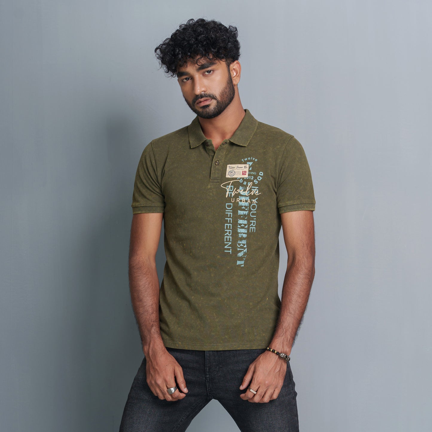 Mens Olive Print Polo