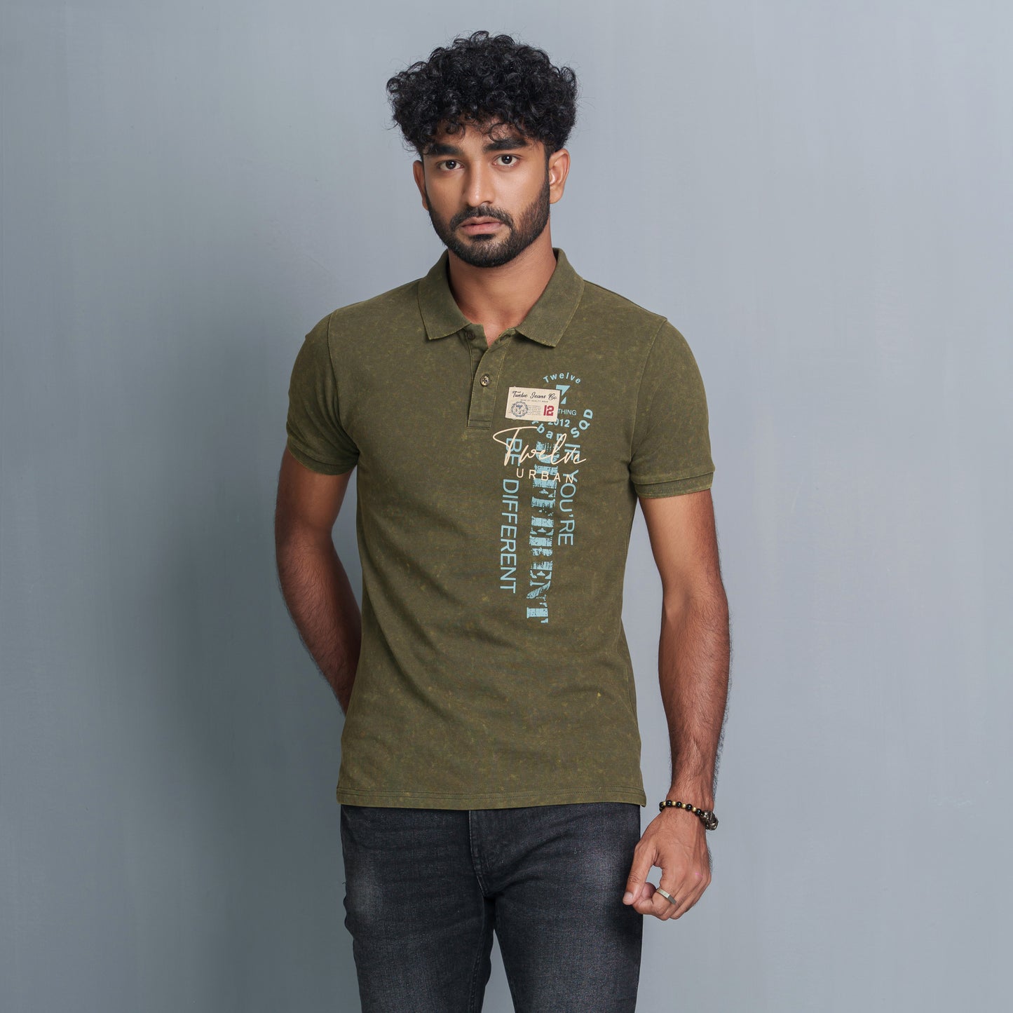 Mens Olive Print Polo