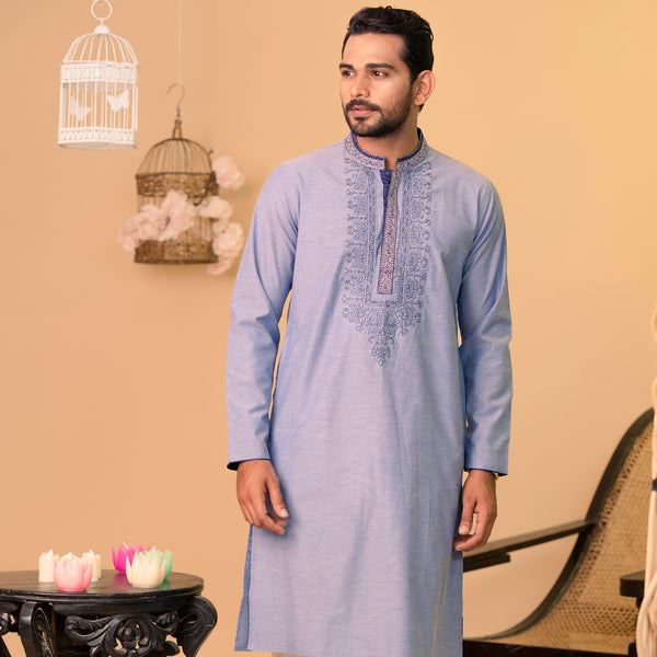 Mens Embroidery Panjabi-Blue-1