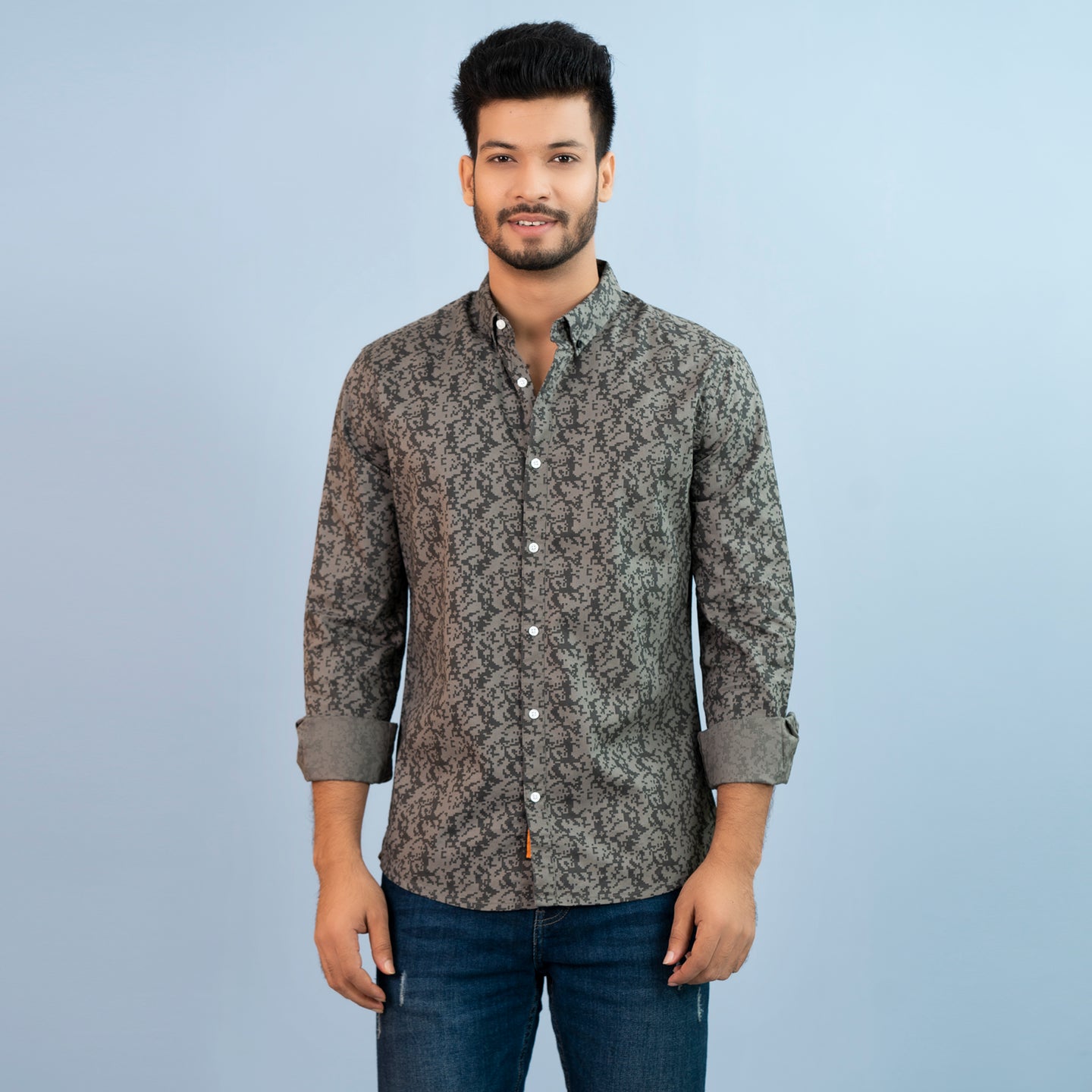 Mens Casual Shirt- Grey And Forest Green