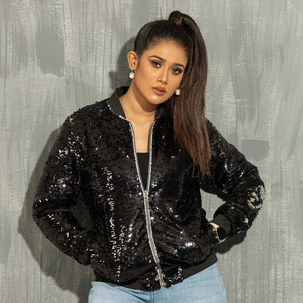 Womens Sequin Bomber- Black