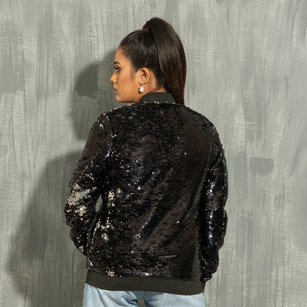 Womens Sequin Bomber- Black