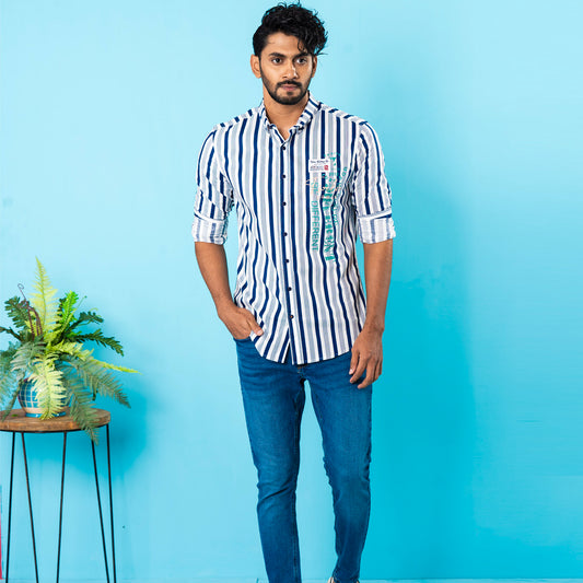 Mens Casual Shirt- Navy/White