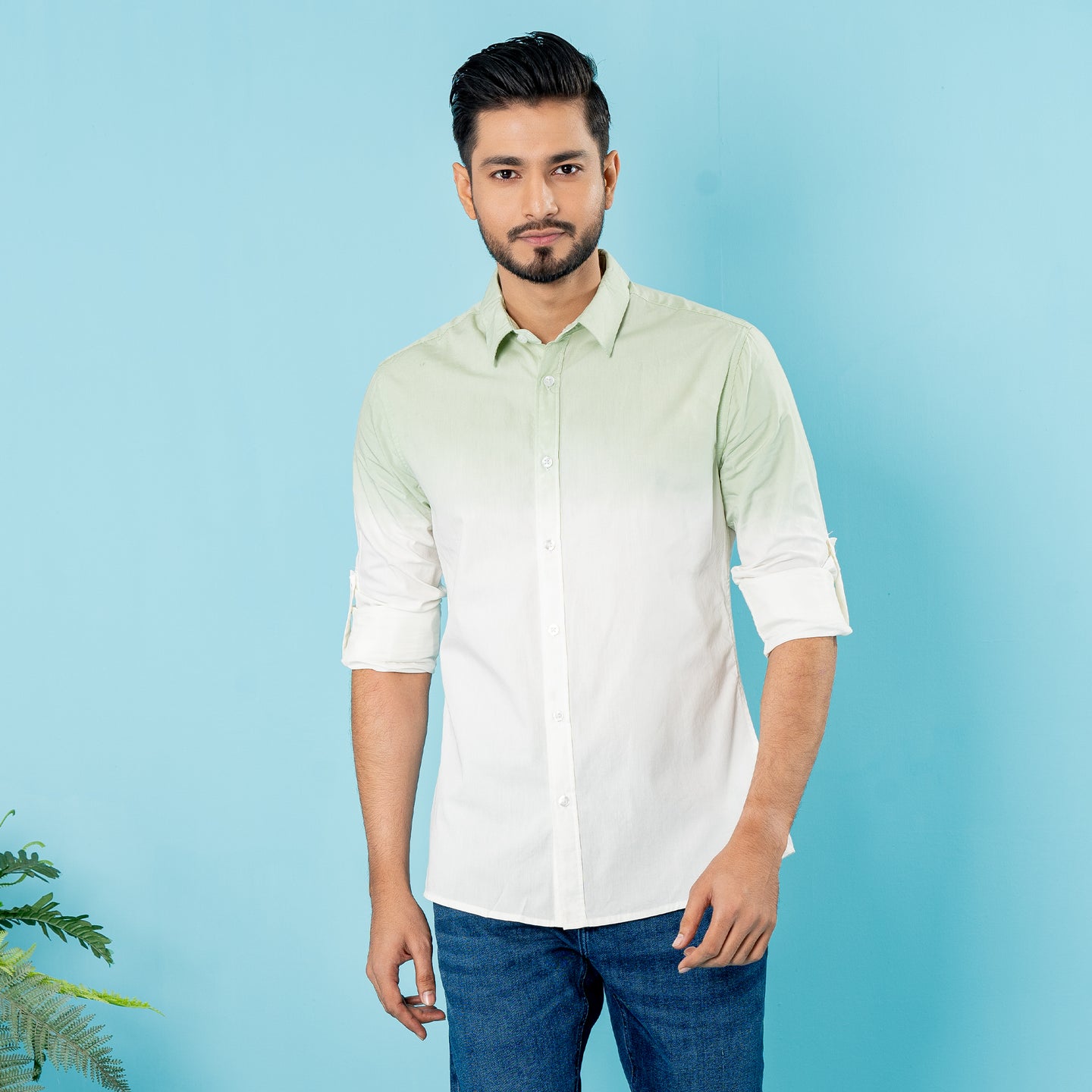 Mens Casual Shirt- Olive/White