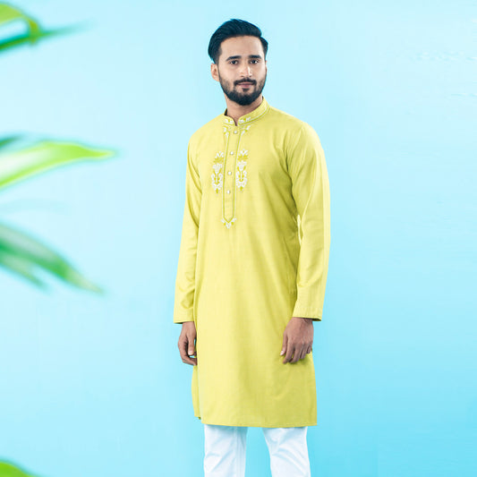 Mens Embroidery Panjabi- Lemon