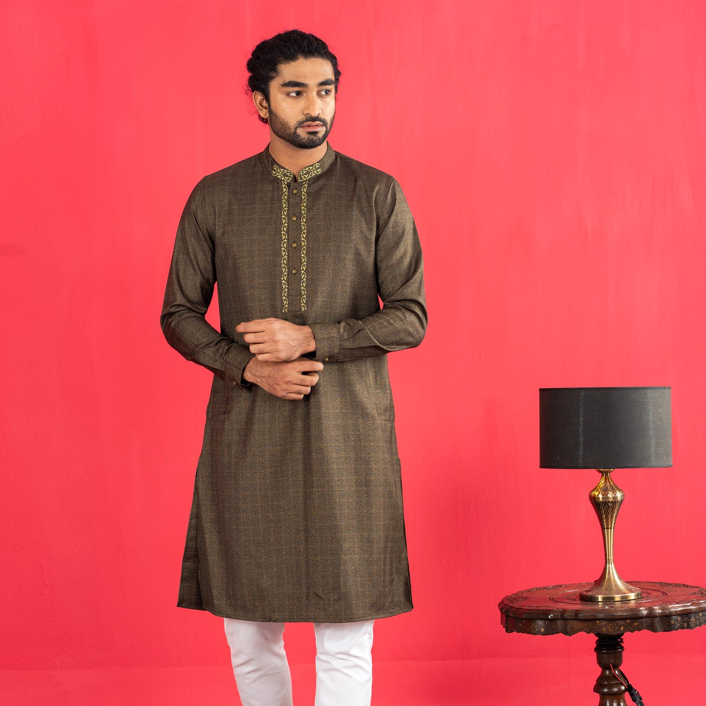 Mens Embroidery Panjabi- Carob
