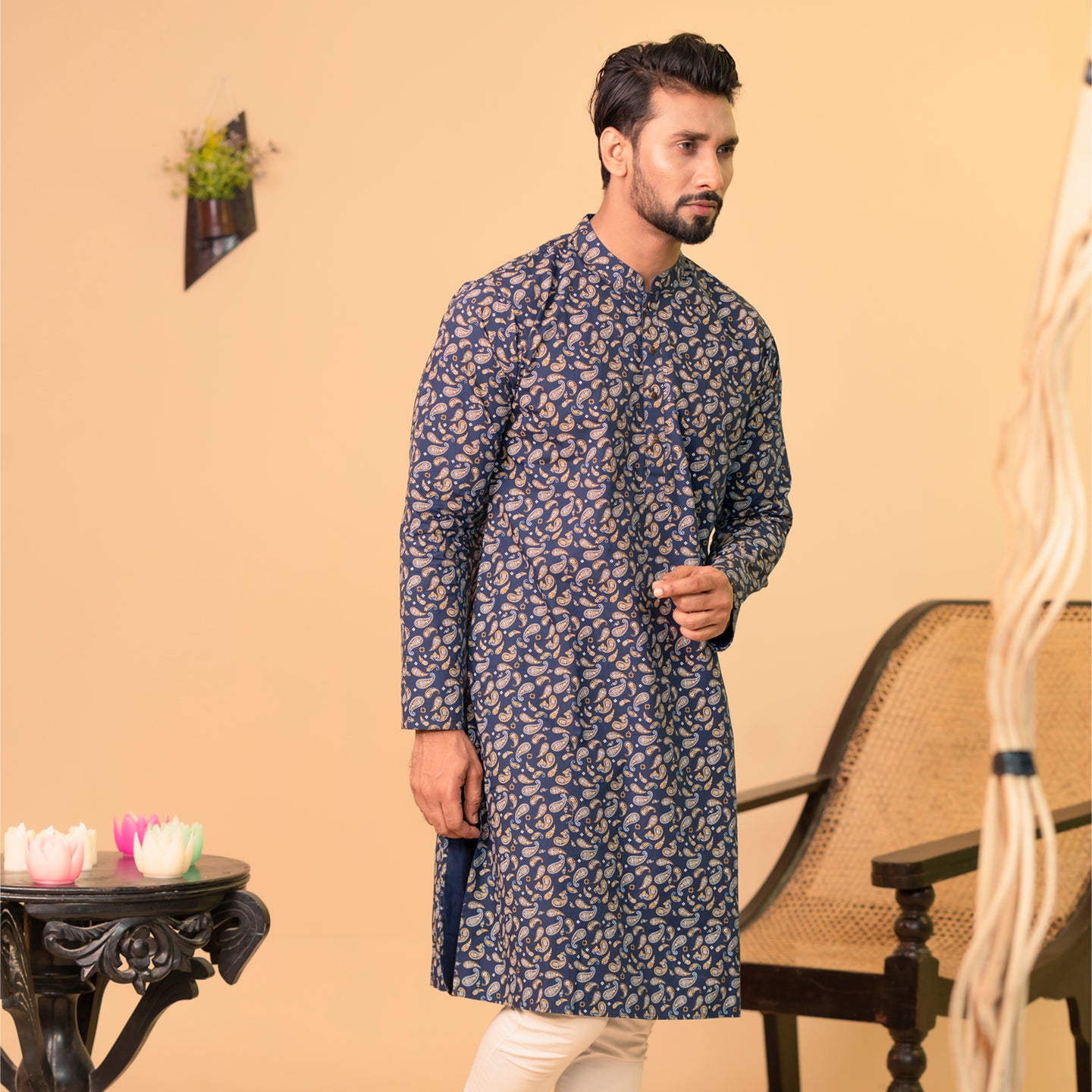 Mens Basic Panjabi-Navy Kalka Print