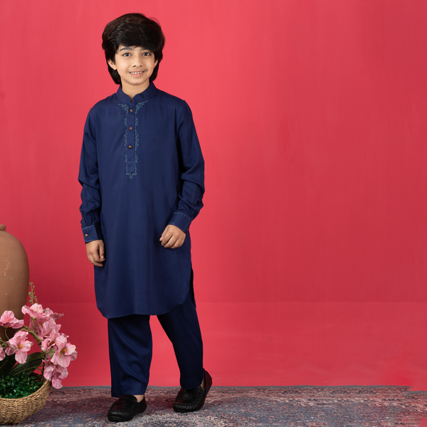 Boys Embroidery Kabli- Navy