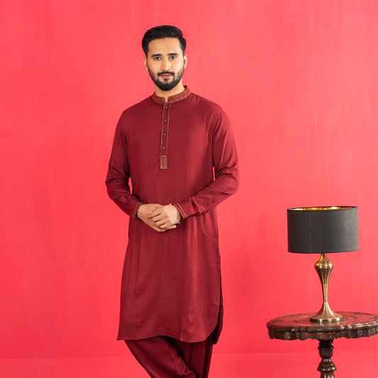 Mens Embroidery Kabli- Maroon