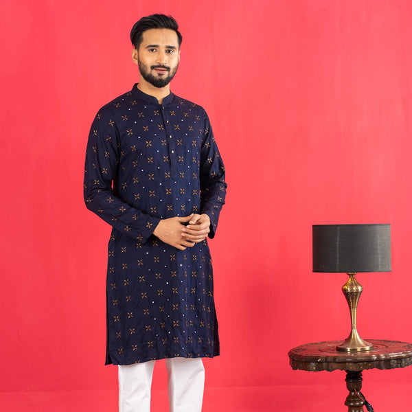 Mens Navy Full Embroidery Panjabi