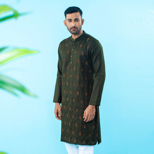 Mens Embroidery Panjabi- Olive