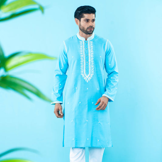 Mens Embroidery Panjabi- Sky Blue