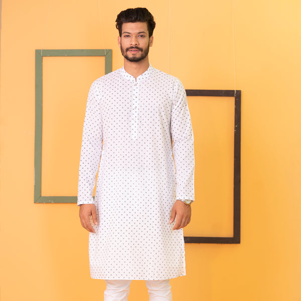 Mens Basic Panjabi-White Star Printed