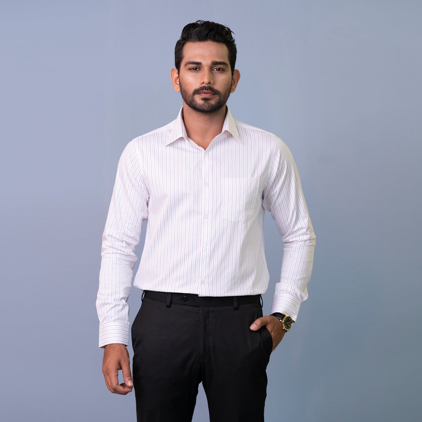 Mens Formal Shirt-Wht Pink Bule