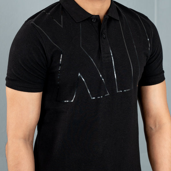 Mens Black Print Polo